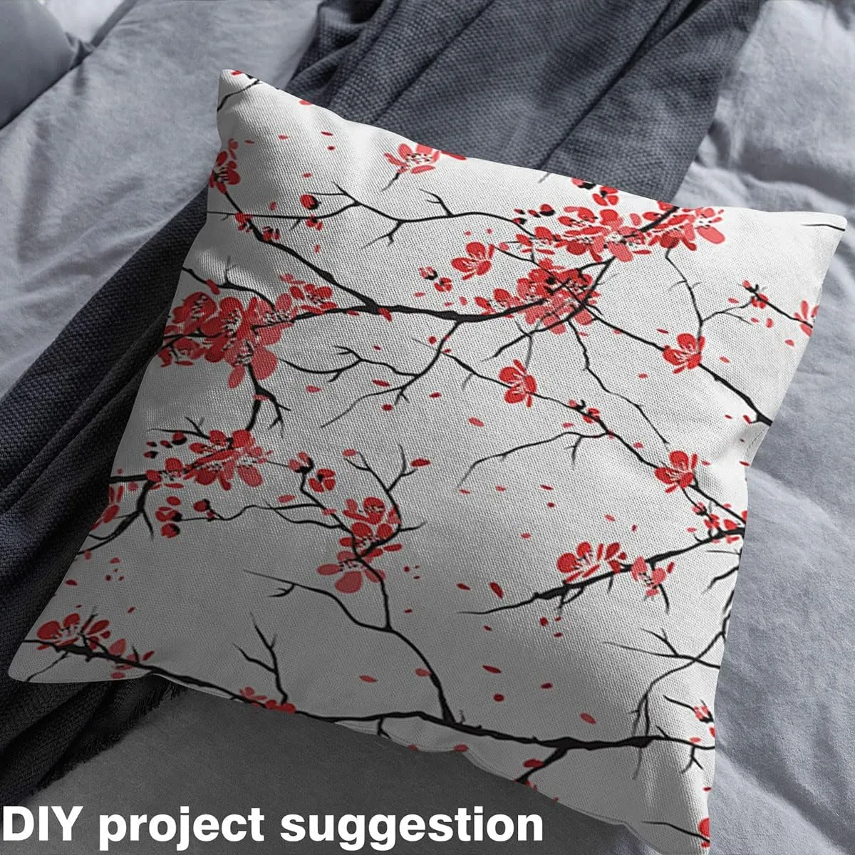 Feelyou Cherry Blossoms Fabric by The Yard, Japanese Sakura Flowers Floral Theme Design Illustration Fabric for Home DIY Projects, Traditional Botanical Branches Decorative Waterproof Fabric, 2 Yards