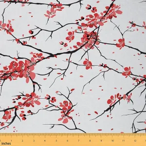 Feelyou Cherry Blossoms Fabric by The Yard, Japanese Sakura Flowers Floral Theme Design Illustration Fabric for Home DIY Projects, Traditional Botanical Branches Decorative Waterproof Fabric, 2 Yards