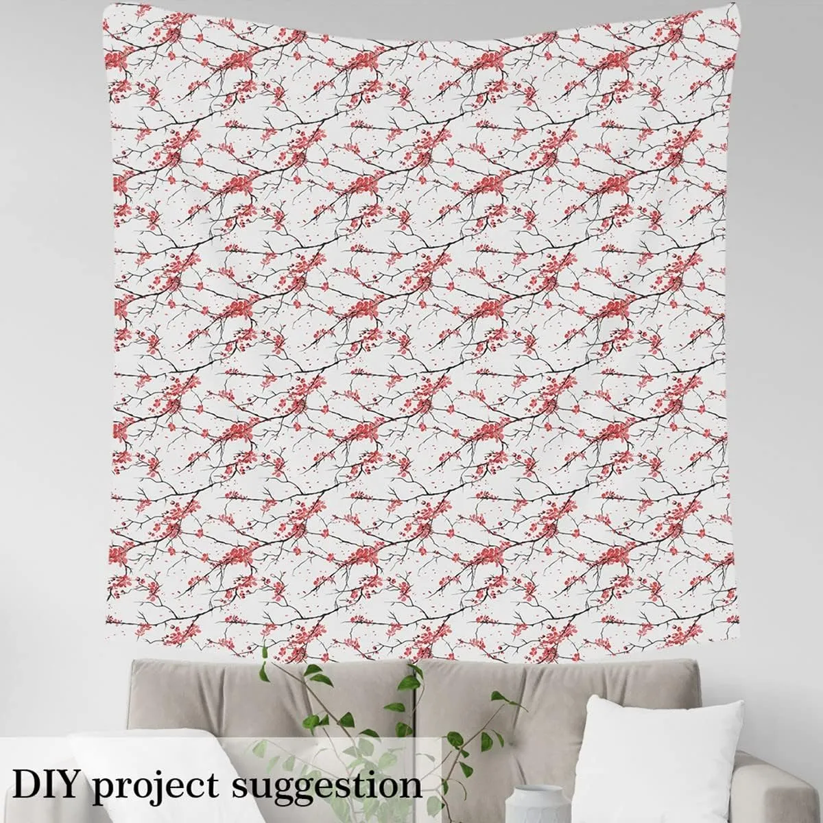 Feelyou Cherry Blossoms Fabric by The Yard, Japanese Sakura Flowers Floral Theme Design Illustration Fabric for Home DIY Projects, Traditional Botanical Branches Decorative Waterproof Fabric, 2 Yards