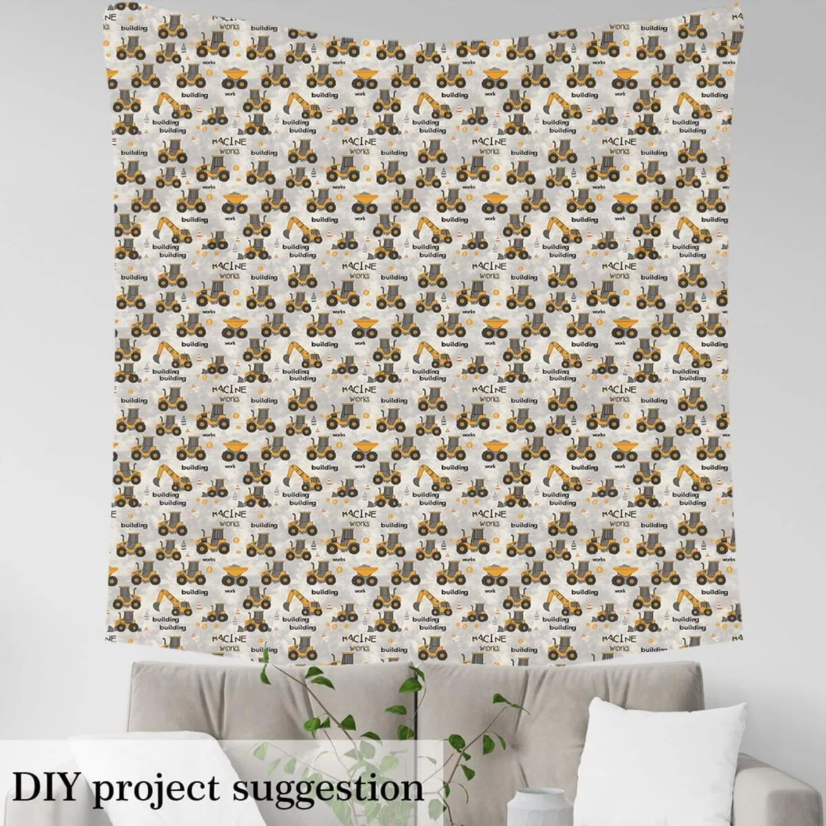 Feelyou Excavator Fabric by The Yard 2 Yard Construction Vehicles Upholstery Fabric for Chairs Room Decor Equipment Trucks Waterproof Outdoor Fabric Yellow and Grey Reupholstery Fabric Decor