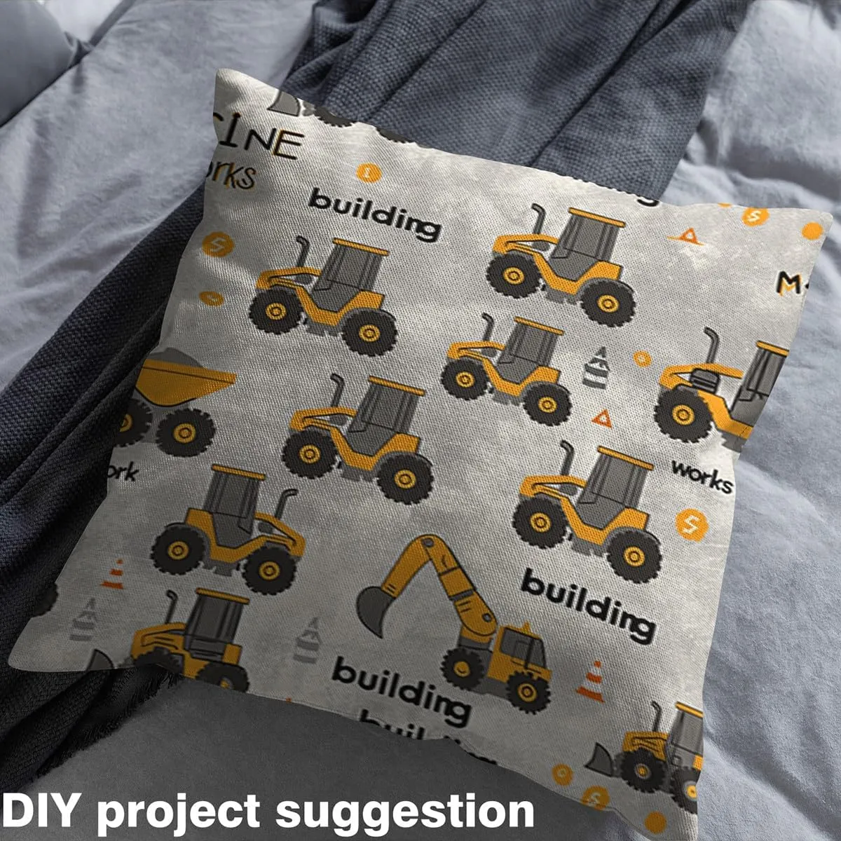 Feelyou Excavator Fabric by The Yard 2 Yard Construction Vehicles Upholstery Fabric for Chairs Room Decor Equipment Trucks Waterproof Outdoor Fabric Yellow and Grey Reupholstery Fabric Decor