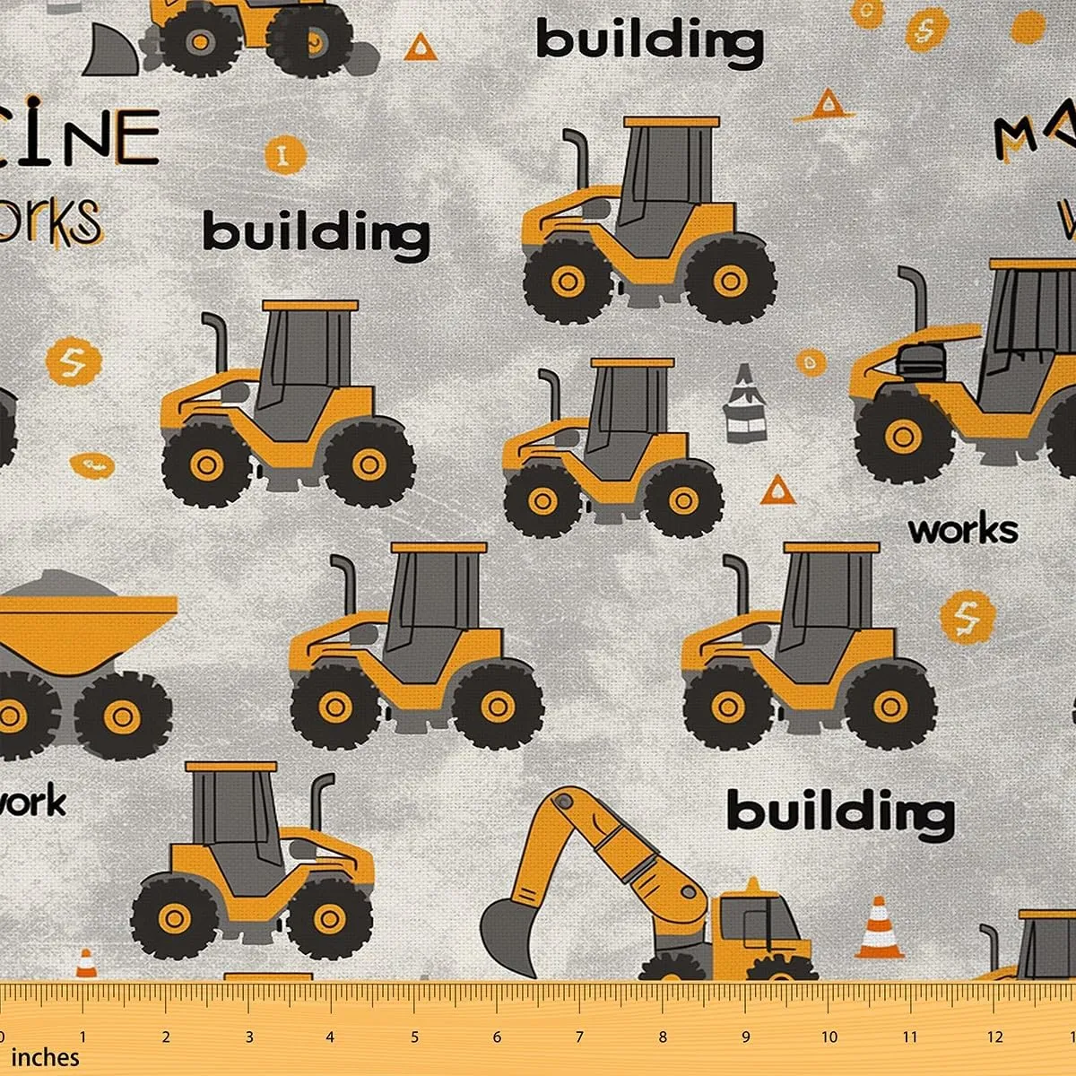 Feelyou Excavator Fabric by The Yard 2 Yard Construction Vehicles Upholstery Fabric for Chairs Room Decor Equipment Trucks Waterproof Outdoor Fabric Yellow and Grey Reupholstery Fabric Decor