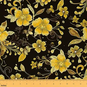Feelyou Flower Fabric by The Yard 1 Yard Floral Botanical Decorative Waterproof Outdoor Fabric Blossom Flowers Pattern Upholstery Fabric for Chairs Golden Black DIY Reupholstery Fabric