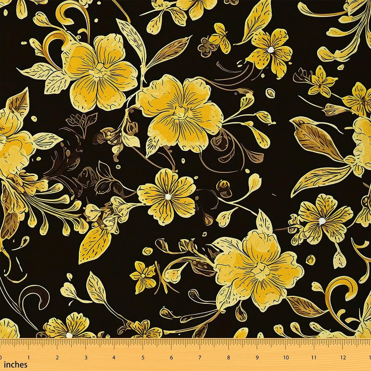 Feelyou Flower Fabric by The Yard 1 Yard Floral Botanical Decorative Waterproof Outdoor Fabric Blossom Flowers Pattern Upholstery Fabric for Chairs Golden Black DIY Reupholstery Fabric