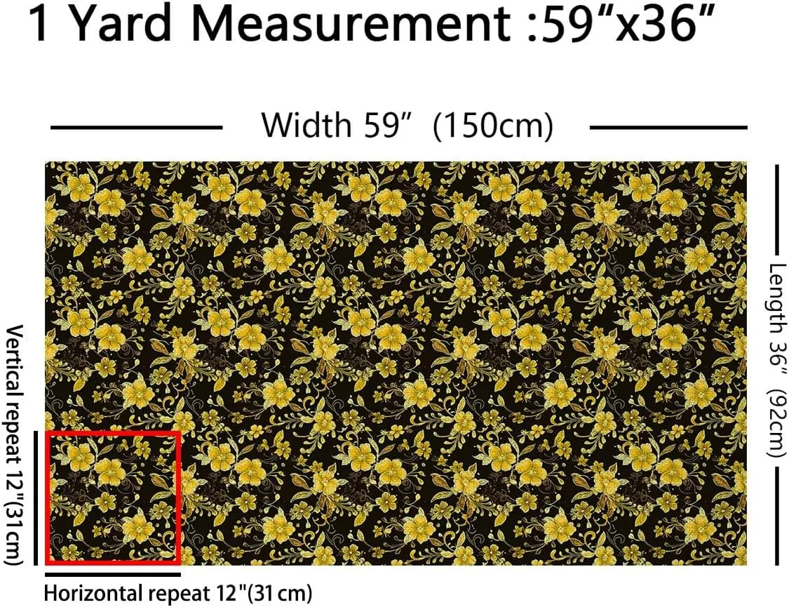 Feelyou Flower Fabric by The Yard 1 Yard Floral Botanical Decorative Waterproof Outdoor Fabric Blossom Flowers Pattern Upholstery Fabric for Chairs Golden Black DIY Reupholstery Fabric