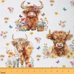 Feelyou Highland Cattle Fabric by The Yard Kids 2 Yard Highland Cow Waterproof Outdoor Fabric for Chairs Decor Cute Animal Upholstery Fabric for Chairs Western Decor Reupholstery Fabric Decor