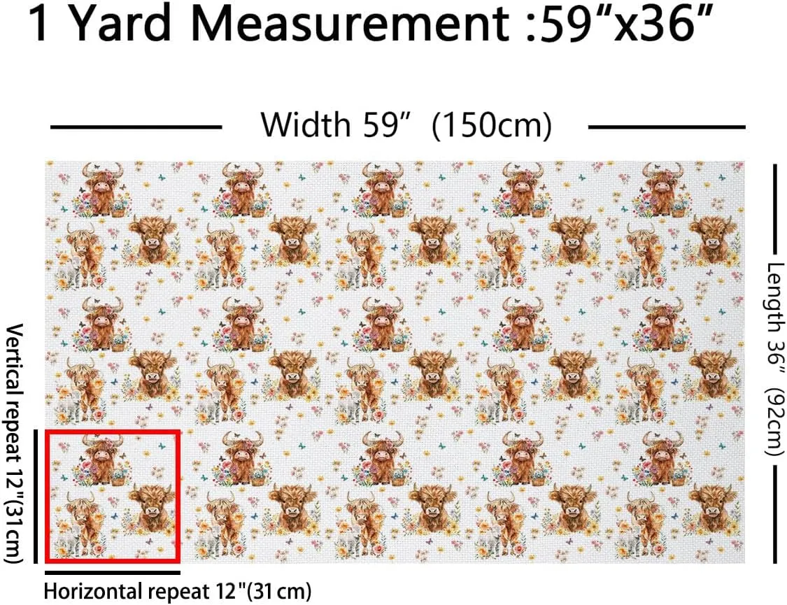 Feelyou Highland Cattle Fabric by The Yard Kids 2 Yard Highland Cow Waterproof Outdoor Fabric for Chairs Decor Cute Animal Upholstery Fabric for Chairs Western Decor Reupholstery Fabric Decor