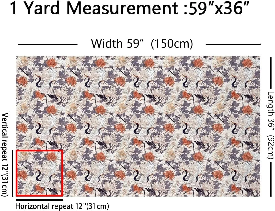 Feelyou Japanese-Style Fabric by The Yard 2 Yards Botanical Flowers Print Decorative Waterproof Outdoor Fabric Chrysanthemum Upholstery Fabric for Chairs Crane Print DIY Reupholstery Fabric