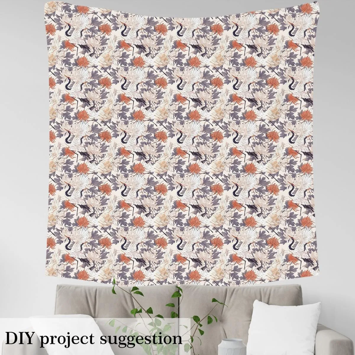 Feelyou Japanese-Style Fabric by The Yard 2 Yards Botanical Flowers Print Decorative Waterproof Outdoor Fabric Chrysanthemum Upholstery Fabric for Chairs Crane Print DIY Reupholstery Fabric