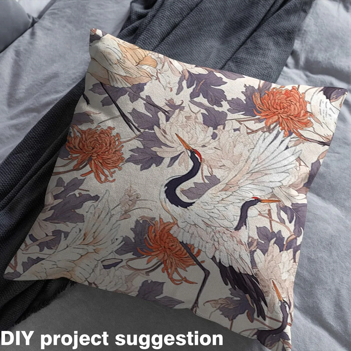 Feelyou Japanese-Style Fabric by The Yard 2 Yards Botanical Flowers Print Decorative Waterproof Outdoor Fabric Chrysanthemum Upholstery Fabric for Chairs Crane Print DIY Reupholstery Fabric