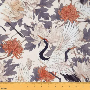 Feelyou Japanese-Style Fabric by The Yard 2 Yards Botanical Flowers Print Decorative Waterproof Outdoor Fabric Chrysanthemum Upholstery Fabric for Chairs Crane Print DIY Reupholstery Fabric