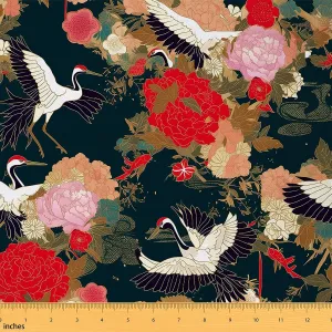 Feelyou Japanese Style Fabric by The Yard Kids 3 Yard Crane Animals Upholstery Fabric for Chairs Room Decorative Flower Waterproof Outdoor Fabric Floral Botanical Reupholstery Fabric Decor