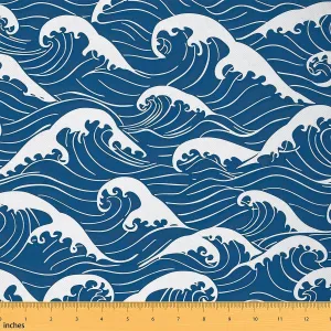 Feelyou Japanese Wave Fabric by The Yard 3 Yards Sea Ocean Waves Decorative Waterproof Outdoor Fabric Japanese Style Upholstery Fabric for Chairs Japanese Ukiyoe DIY Reupholstery Fabric