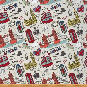 Feelyou London Fabric by The Yard, Vintage England Famous Cityscape Upholstery Fabric for Chairs, Big Ben Tower Bridge Telephone Booth Decorative Waterproof Fabric, 1 Yard