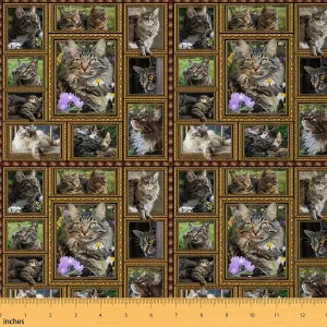 Feelyou Maine Coon Fabric by The Yard Cute Cat Floral Decorative Waterproof Outdoor Fabric 3 Yards Kawaii Kitten Pet Upholstery Fabric for Chairs Gift for Maine Coon Lover Outdoor Fabric