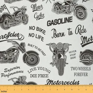 Feelyou Motocross Fabric by The Yard, Extreme Sports Theme Dirt Bike Upholstery Fabric for Chairs, Retro Motorbike Motorcycle Drawings Decorative Waterproof Outdoor Fabric, 3 Yard, White Grey