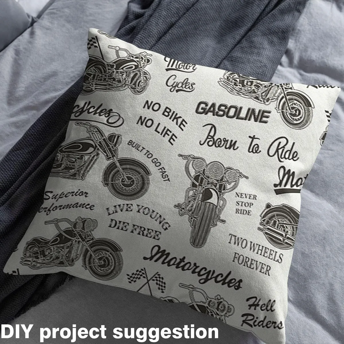 Feelyou Motocross Fabric by The Yard, Extreme Sports Theme Dirt Bike Upholstery Fabric for Chairs, Retro Motorbike Motorcycle Drawings Decorative Waterproof Outdoor Fabric, 3 Yard, White Grey