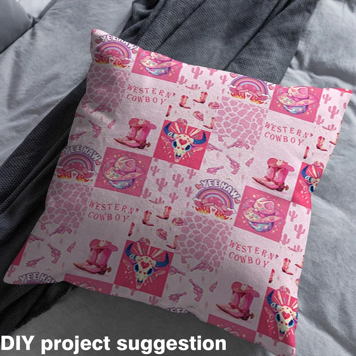 Feelyou Pink Western Decor Fabric by The Yard 1 Yard Longhorn Skull Waterproof Outdoor Fabric Wild Western Cowboy Bull Skull Cowboy Boots Upholstery Fabric for Chairs Plaid Outdoor Fabric