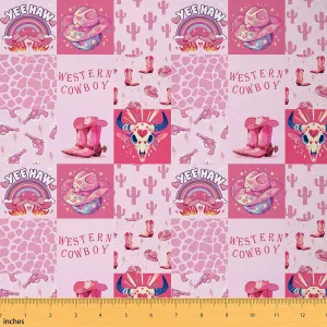 Feelyou Pink Western Decor Fabric by The Yard 1 Yard Longhorn Skull Waterproof Outdoor Fabric Wild Western Cowboy Bull Skull Cowboy Boots Upholstery Fabric for Chairs Plaid Outdoor Fabric