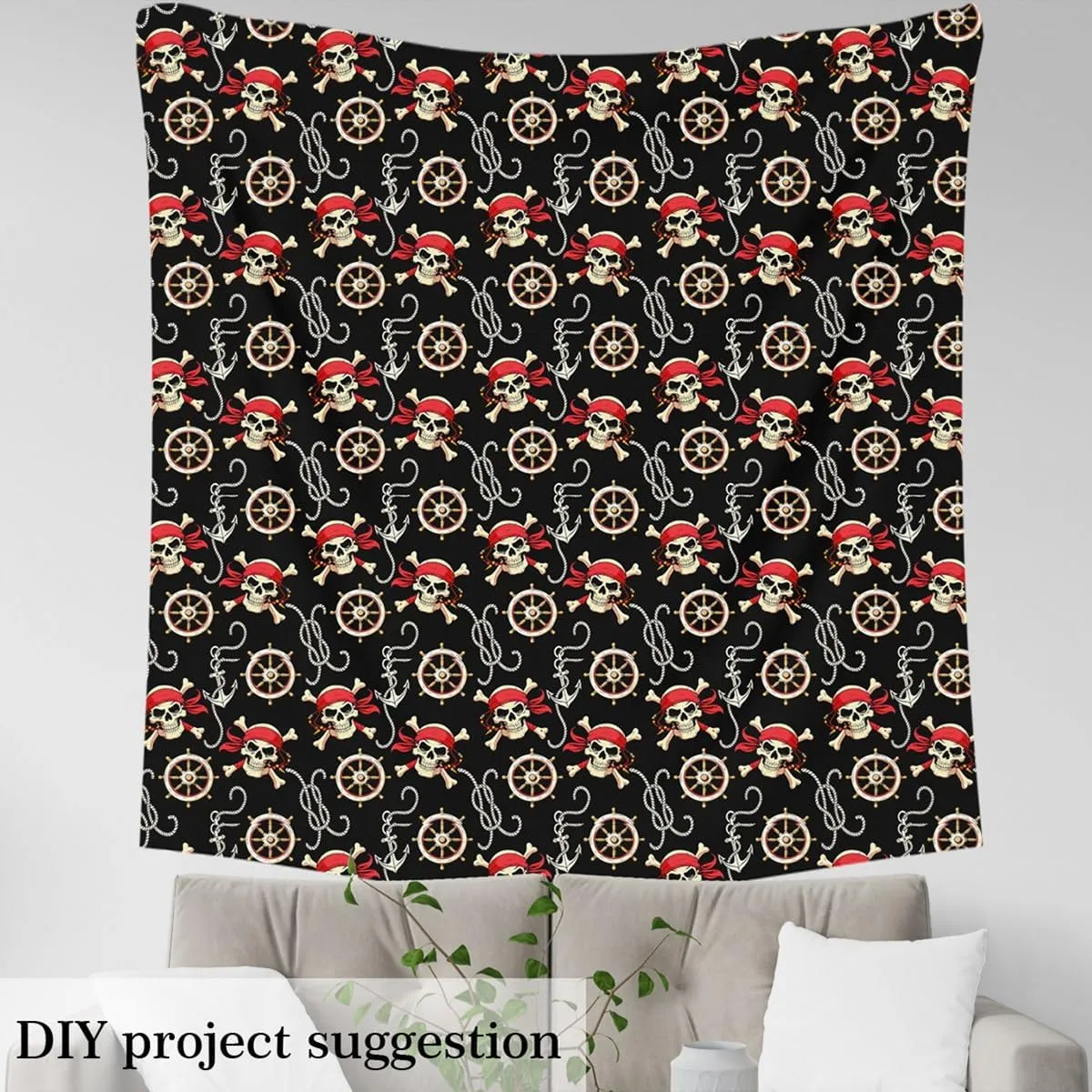 Feelyou Pirates Skull Fabric by The Yard, Nautical Ocean Upholstery Fabric for Chairs, Anchor Adventurous Sea Travel Piracy Theme Elements Decorative Waterproof Outdoor Fabric, 2 Yard, Black