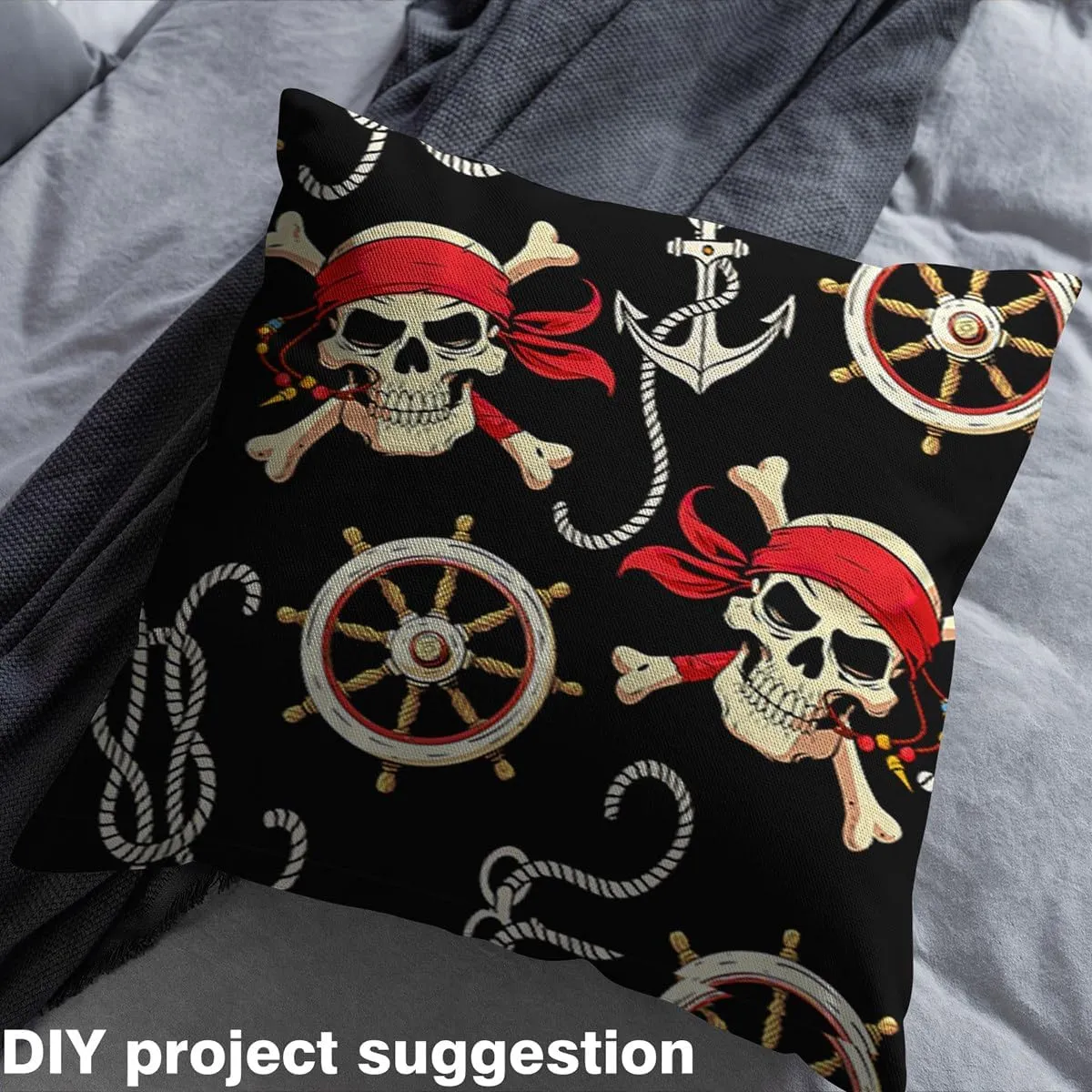 Feelyou Pirates Skull Fabric by The Yard, Nautical Ocean Upholstery Fabric for Chairs, Anchor Adventurous Sea Travel Piracy Theme Elements Decorative Waterproof Outdoor Fabric, 2 Yard, Black