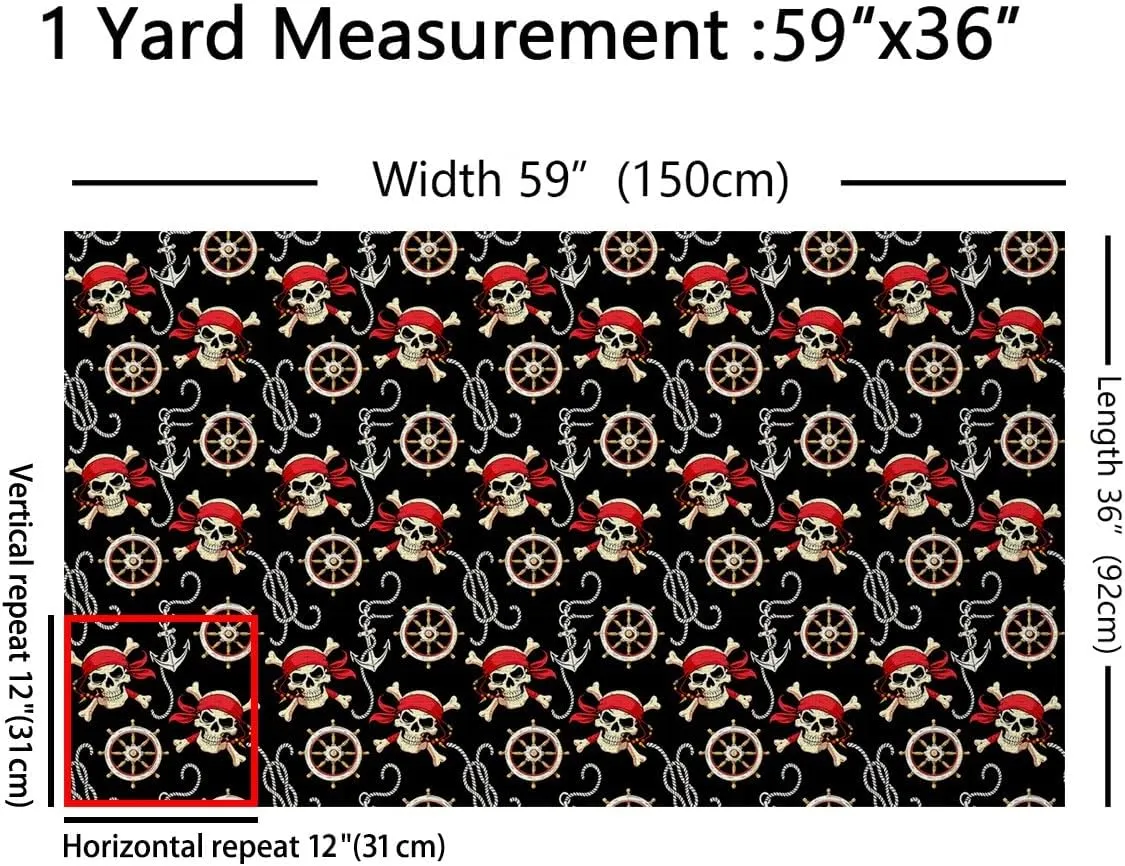 Feelyou Pirates Skull Fabric by The Yard, Nautical Ocean Upholstery Fabric for Chairs, Anchor Adventurous Sea Travel Piracy Theme Elements Decorative Waterproof Outdoor Fabric, 2 Yard, Black