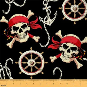 Feelyou Pirates Skull Fabric by The Yard, Nautical Ocean Upholstery Fabric for Chairs, Anchor Adventurous Sea Travel Piracy Theme Elements Decorative Waterproof Outdoor Fabric, 2 Yard, Black