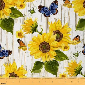 Feelyou Sunflower Fabric by The Yard 2 Yards Flower Floral Print Decorative Waterproof Outdoor Fabric for Boys Girls Butterfly Upholstery Fabric for Chairs Rustic Farmhouse DIY Reupholstery Fabric