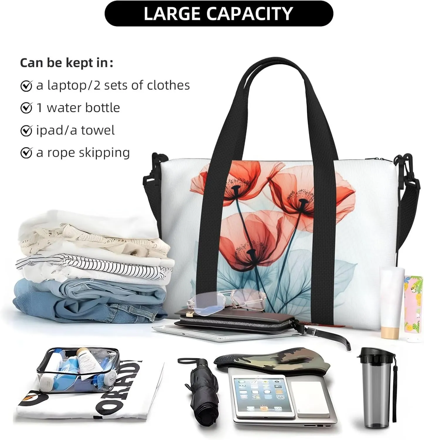 fiery red poppy flowers print Travel Duffel Bag, Sports Tote Gym Bag, Swim Pool Bag Large Shoulder Tote Bag for Beach Weekender