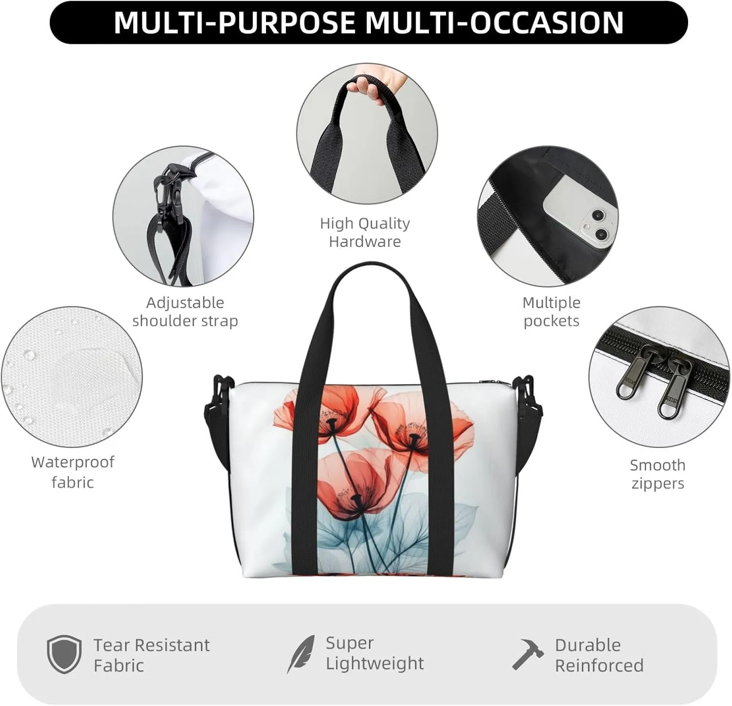 fiery red poppy flowers print Travel Duffel Bag, Sports Tote Gym Bag, Swim Pool Bag Large Shoulder Tote Bag for Beach Weekender