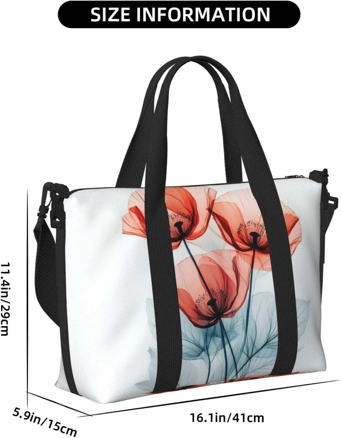 fiery red poppy flowers print Travel Duffel Bag, Sports Tote Gym Bag, Swim Pool Bag Large Shoulder Tote Bag for Beach Weekender