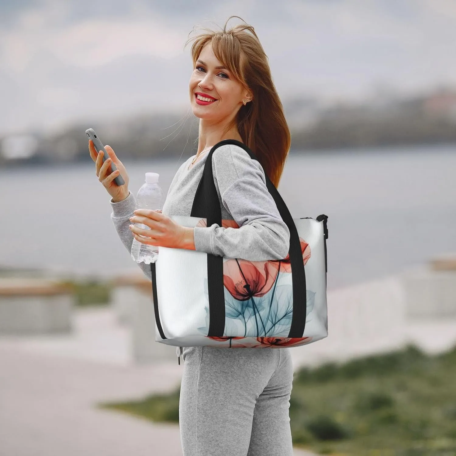 fiery red poppy flowers print Travel Duffel Bag, Sports Tote Gym Bag, Swim Pool Bag Large Shoulder Tote Bag for Beach Weekender