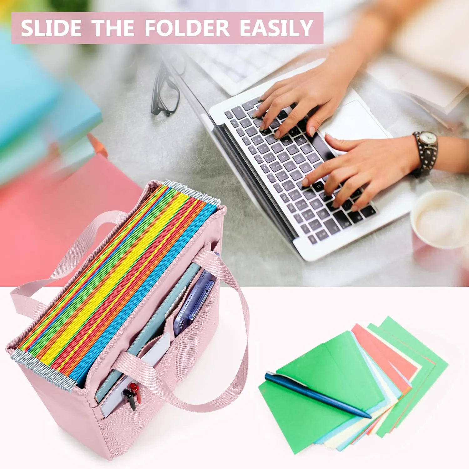 File Folder Tote Bag with Handle, Portable Document Organizer Box for Letter Size File Folder, Folding File Case for Home Office, Pink
