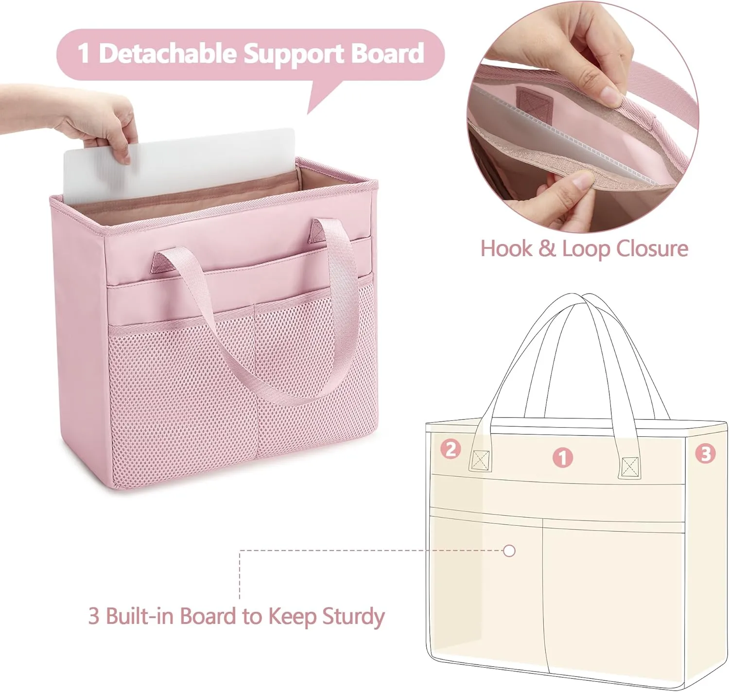 File Folder Tote Bag with Handle, Portable Document Organizer Box for Letter Size File Folder, Folding File Case for Home Office, Pink