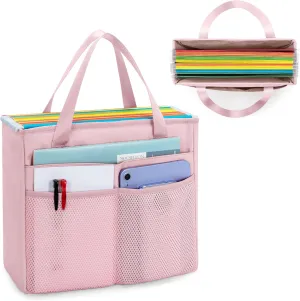 File Folder Tote Bag with Handle, Portable Document Organizer Box for Letter Size File Folder, Folding File Case for Home Office, Pink