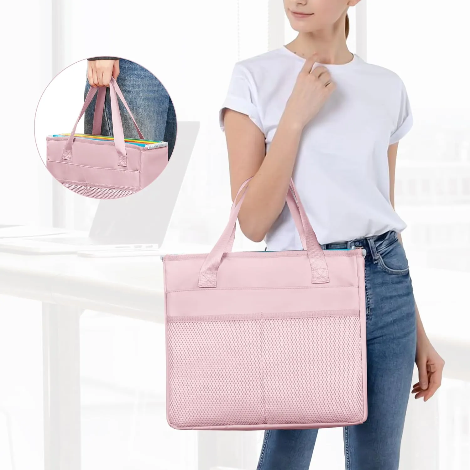 File Folder Tote Bag with Handle, Portable Document Organizer Box for Letter Size File Folder, Folding File Case for Home Office, Pink
