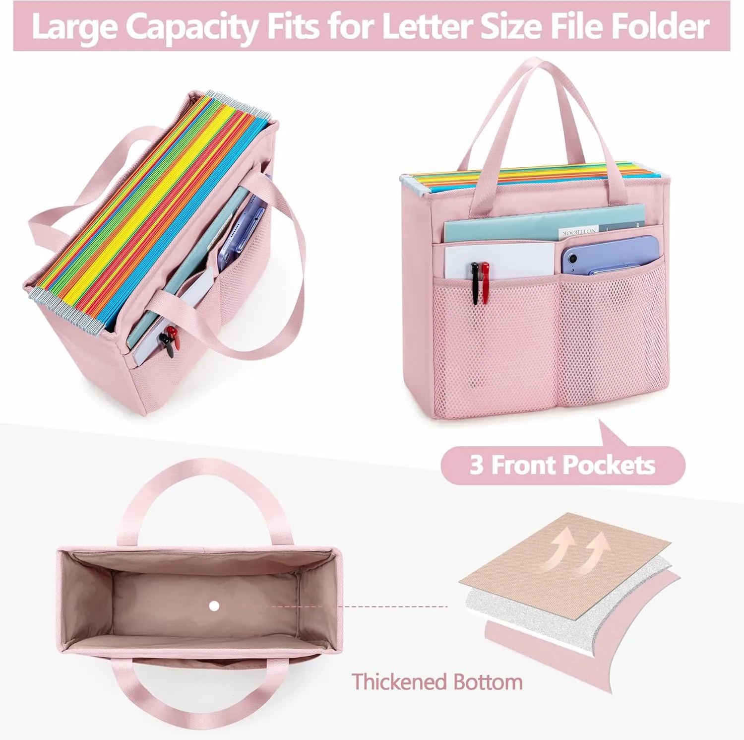 File Folder Tote Bag with Handle, Portable Document Organizer Box for Letter Size File Folder, Folding File Case for Home Office, Pink