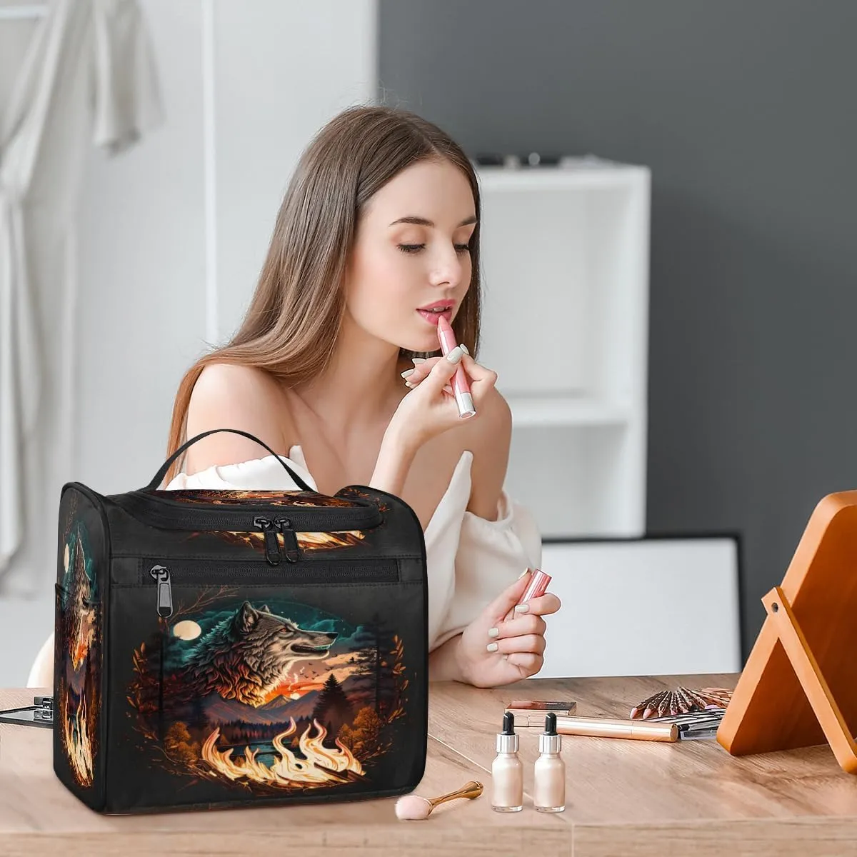 Fire Wolf Travel Makeup Bag for Women Men Cool Wolf Portable Waterproof Cosmetic Bag Large Capacity Toiletry Bag Make up Case Organizer Bathroom Shower Bag with Handle Travel Accessories