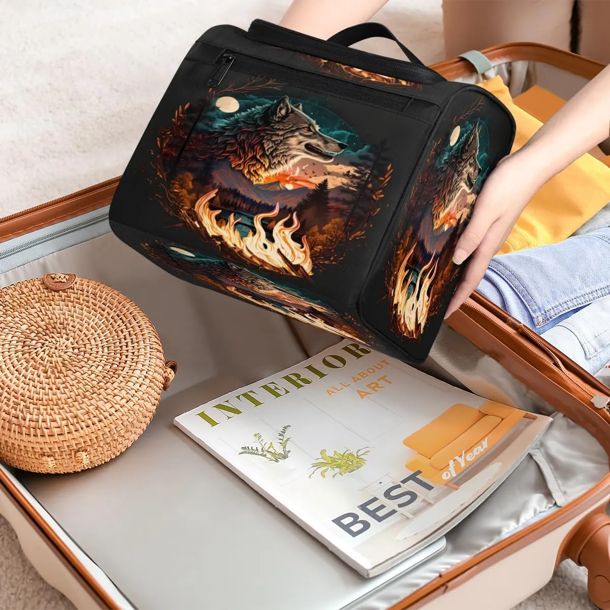 Fire Wolf Travel Makeup Bag for Women Men Cool Wolf Portable Waterproof Cosmetic Bag Large Capacity Toiletry Bag Make up Case Organizer Bathroom Shower Bag with Handle Travel Accessories