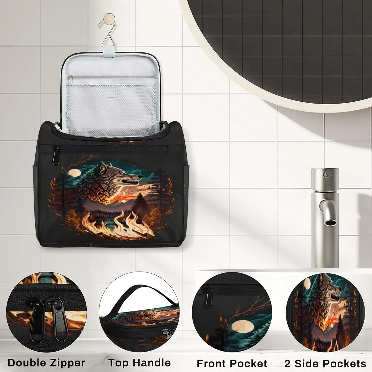 Fire Wolf Travel Makeup Bag for Women Men Cool Wolf Portable Waterproof Cosmetic Bag Large Capacity Toiletry Bag Make up Case Organizer Bathroom Shower Bag with Handle Travel Accessories
