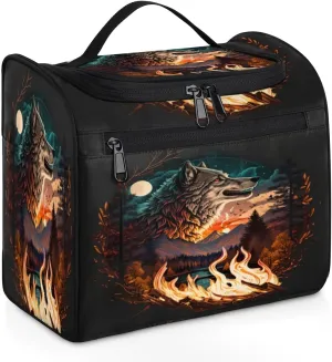 Fire Wolf Travel Makeup Bag for Women Men Cool Wolf Portable Waterproof Cosmetic Bag Large Capacity Toiletry Bag Make up Case Organizer Bathroom Shower Bag with Handle Travel Accessories