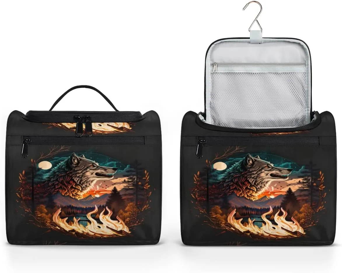 Fire Wolf Travel Makeup Bag for Women Men Cool Wolf Portable Waterproof Cosmetic Bag Large Capacity Toiletry Bag Make up Case Organizer Bathroom Shower Bag with Handle Travel Accessories