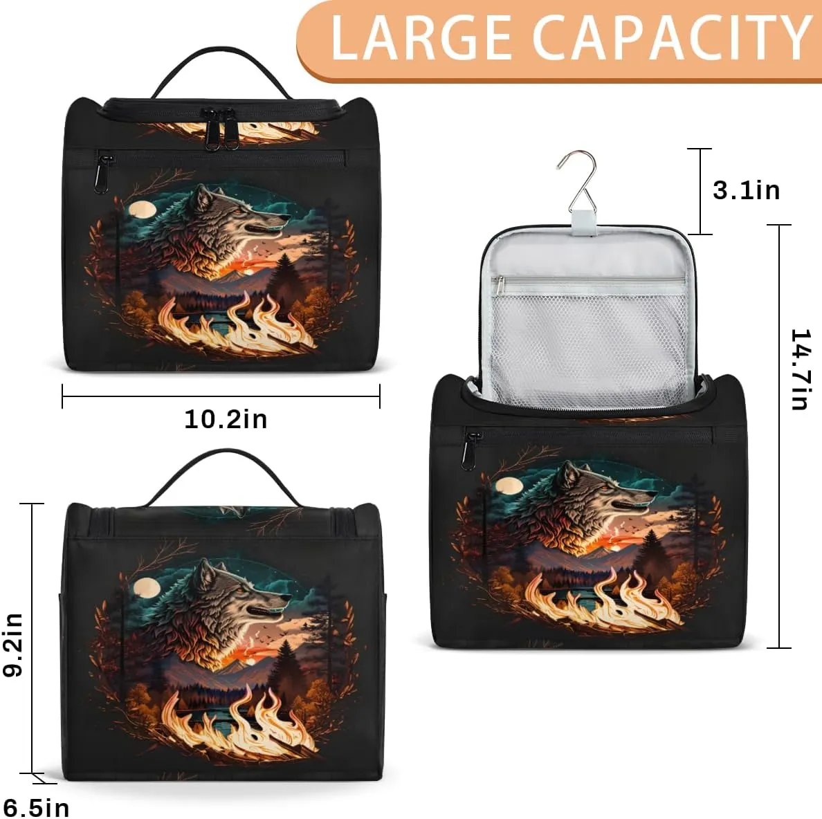 Fire Wolf Travel Makeup Bag for Women Men Cool Wolf Portable Waterproof Cosmetic Bag Large Capacity Toiletry Bag Make up Case Organizer Bathroom Shower Bag with Handle Travel Accessories