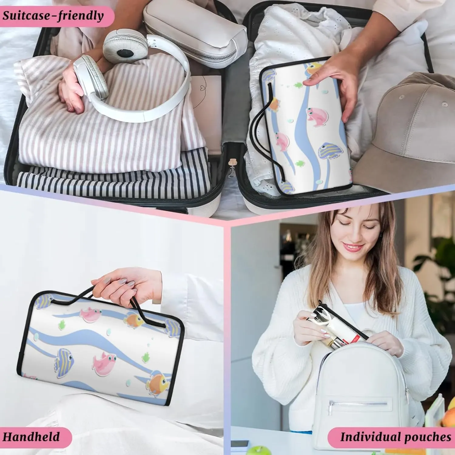 Fish Bubbles Toiletry Bag Water Proof Travel Makeup Case Large Capacity 4 in 1 Foldable Cosmetics Storage for Women Men Removable Zipper Clear PVC Pockets