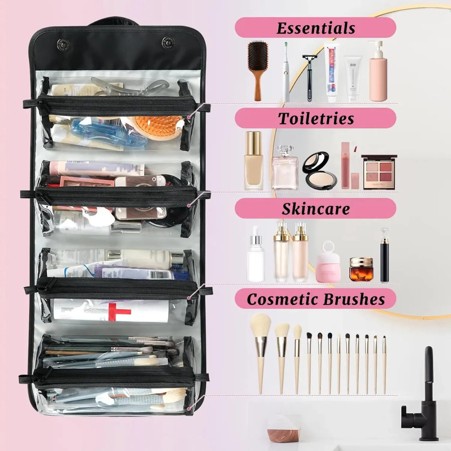 Fish Bubbles Toiletry Bag Water Proof Travel Makeup Case Large Capacity 4 in 1 Foldable Cosmetics Storage for Women Men Removable Zipper Clear PVC Pockets