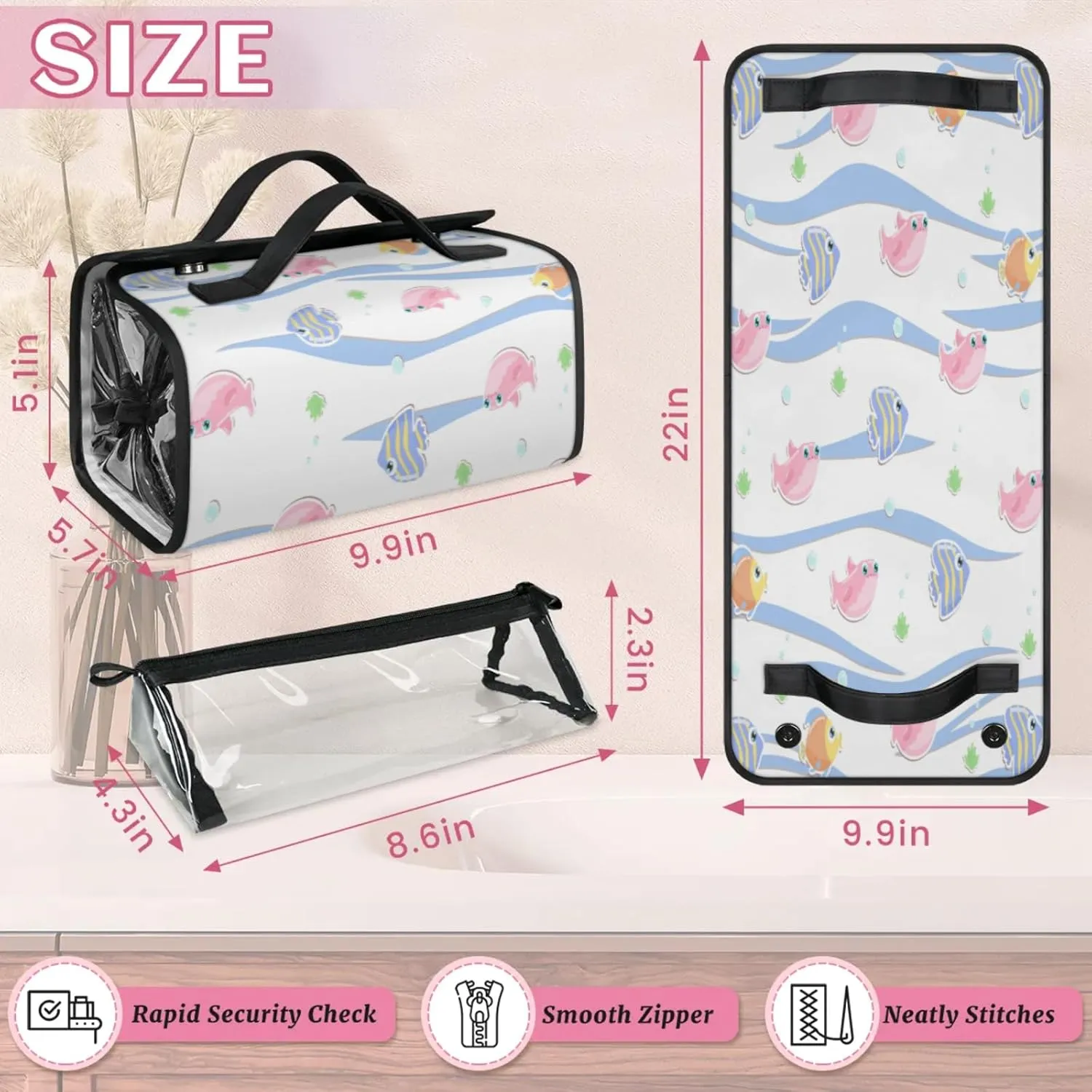 Fish Bubbles Toiletry Bag Water Proof Travel Makeup Case Large Capacity 4 in 1 Foldable Cosmetics Storage for Women Men Removable Zipper Clear PVC Pockets