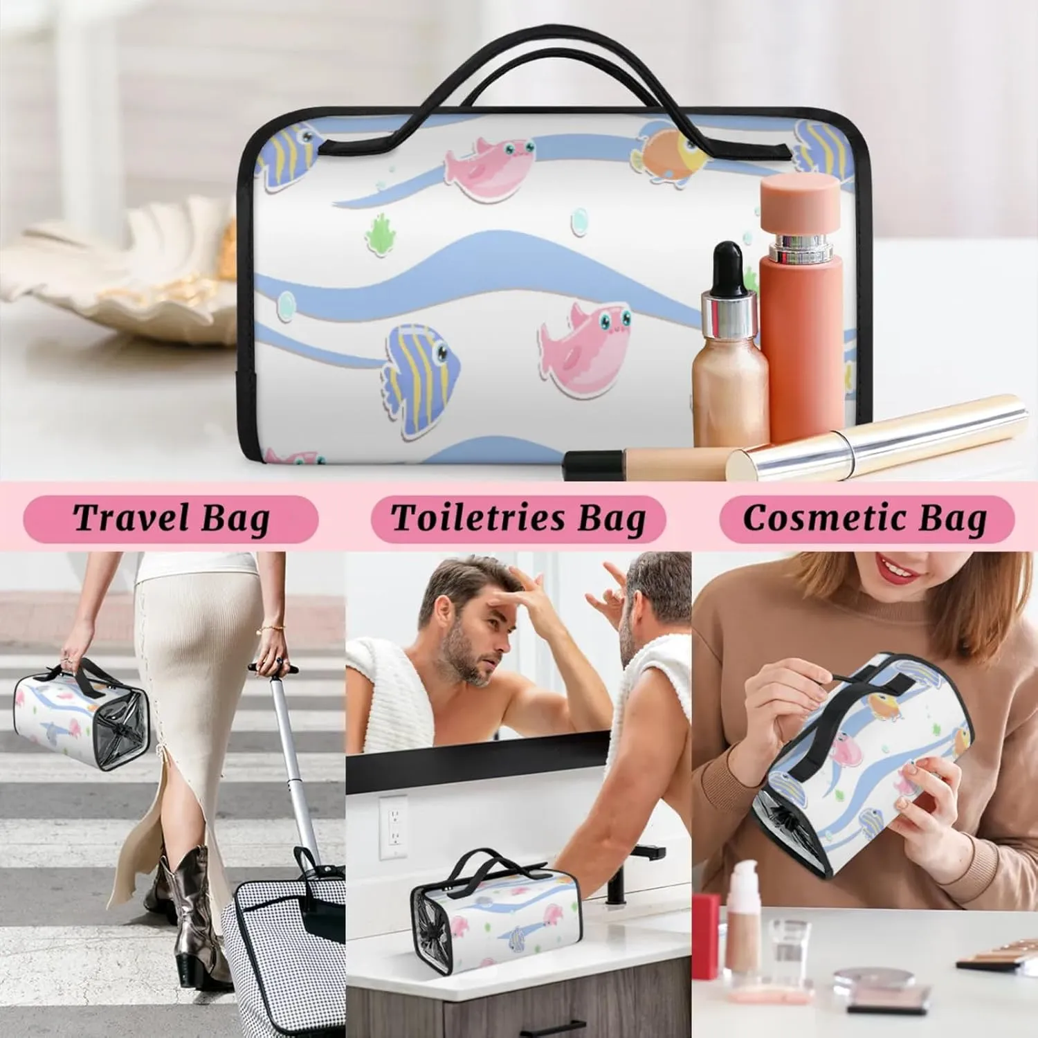 Fish Bubbles Toiletry Bag Water Proof Travel Makeup Case Large Capacity 4 in 1 Foldable Cosmetics Storage for Women Men Removable Zipper Clear PVC Pockets