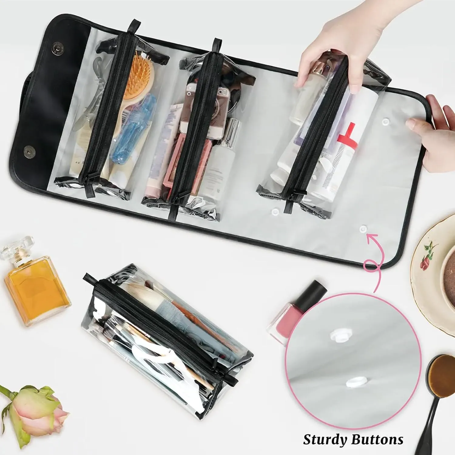 Fish Bubbles Toiletry Bag Water Proof Travel Makeup Case Large Capacity 4 in 1 Foldable Cosmetics Storage for Women Men Removable Zipper Clear PVC Pockets