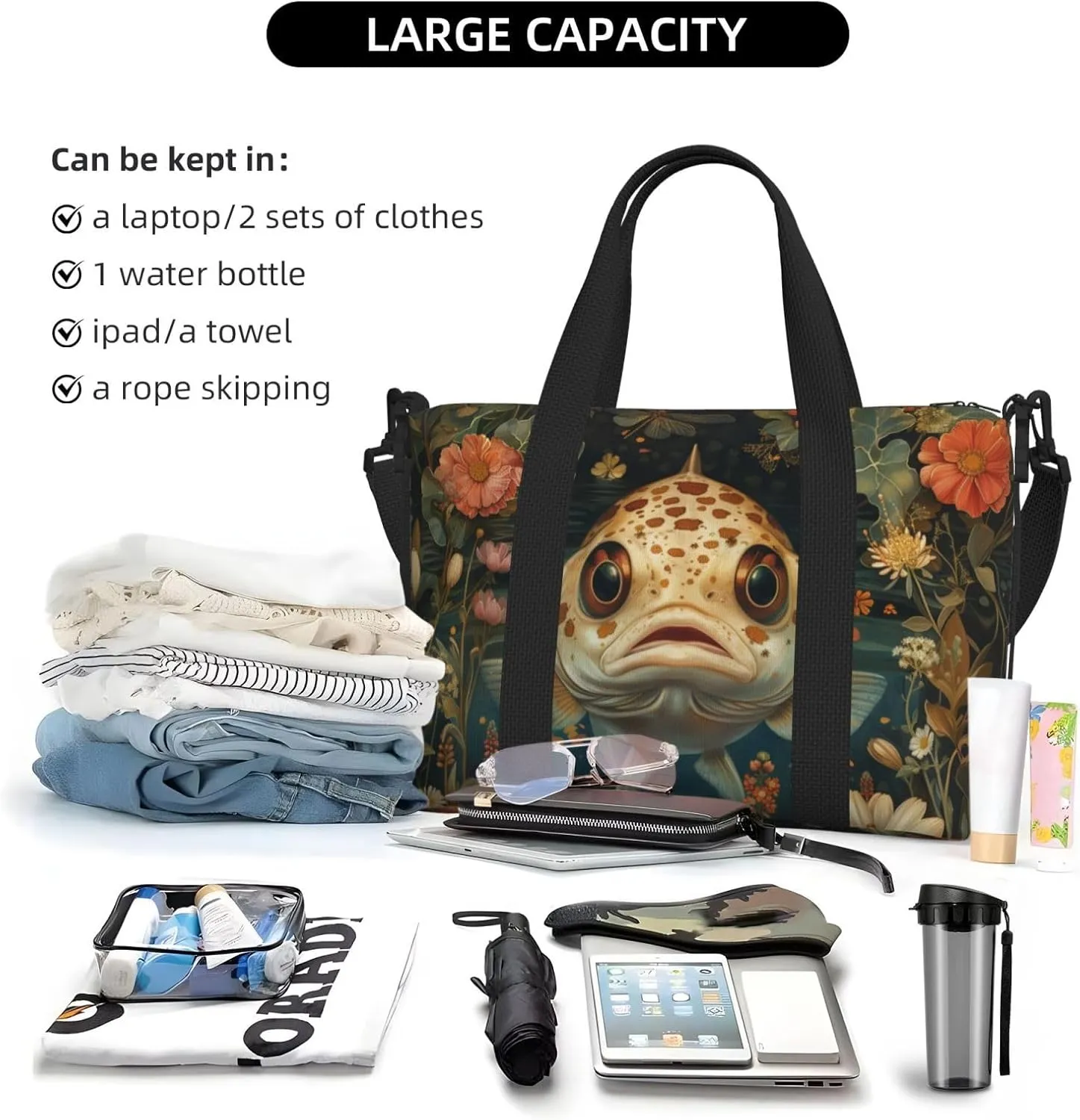 fish head print Travel Duffel Bag, Sports Tote Gym Bag, Swim Pool Bag Large Shoulder Tote Bag for Beach Weekender