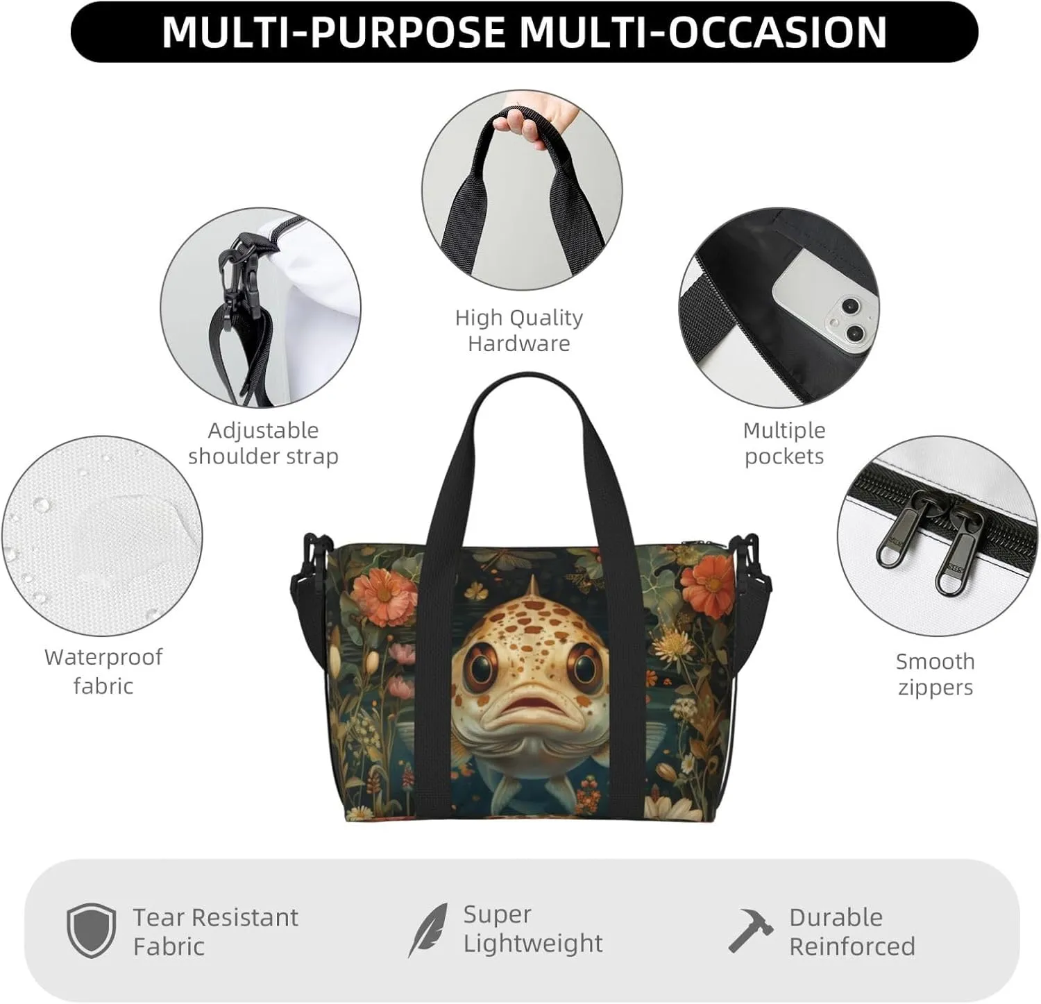 fish head print Travel Duffel Bag, Sports Tote Gym Bag, Swim Pool Bag Large Shoulder Tote Bag for Beach Weekender
